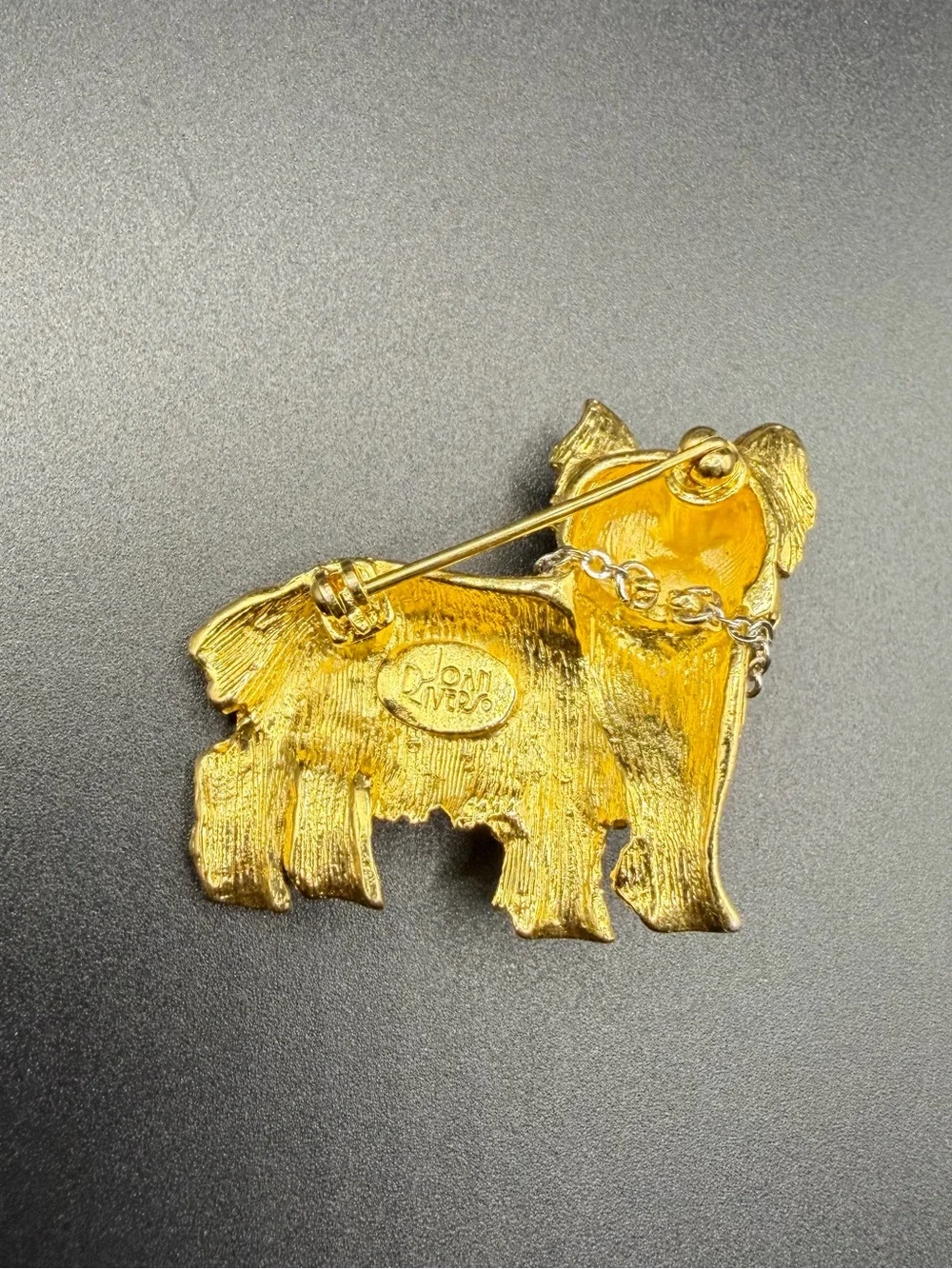 Vintage Joan Rivers Yorkshire Terrier Yorkie Brooch Pin Gold Tone JR Collar Tag